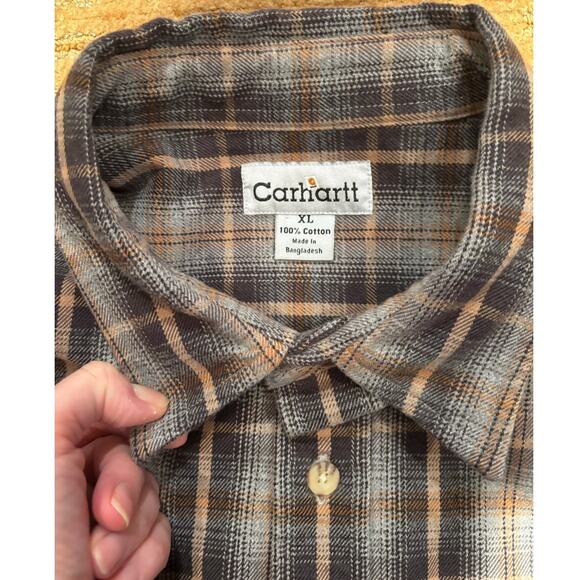 Men's Plaid Flannel Carhartt Long Sleeve Shirt, Brown, Beige, Yellow, Sz XL, EUC - Picture 3 of 4